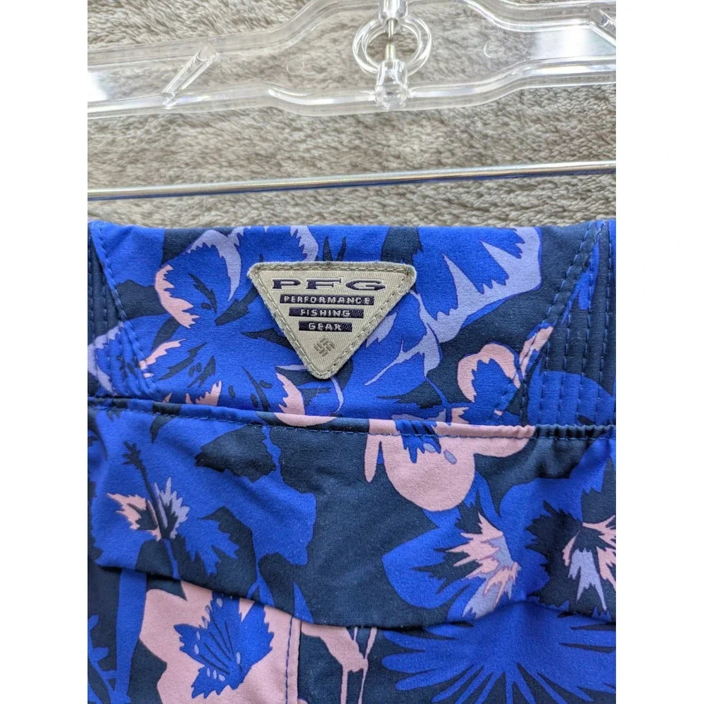 Tropical Floral PFG Fishing Shorts Womens Large Blue Hibiscus Performance Pocket
